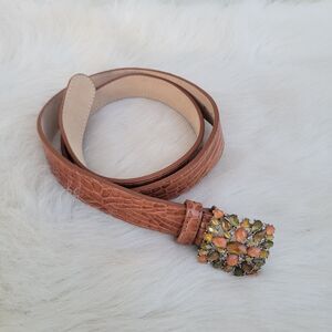 Talbots Croc embossed brown leather Rhinestone Buckle Belt wmns sz Med